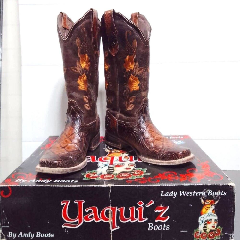 Yaqui'z Brown Leather Western Cowgirl Boots Embroidered Square Toe Size 26/ US 9